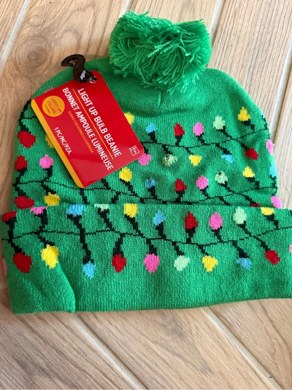 Light Up Bulb Beanie - Green Pom Pom Hat